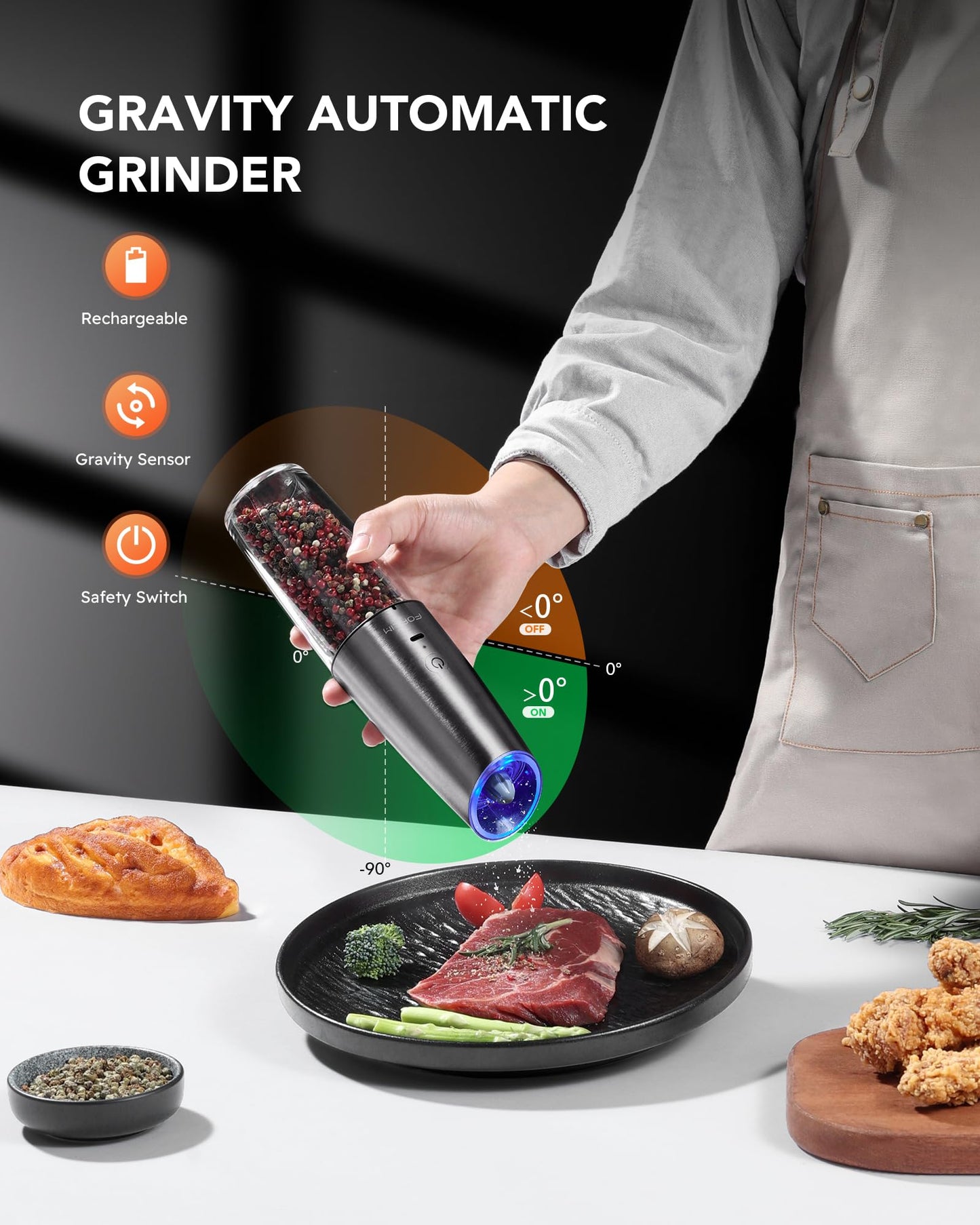 Rechargeable Electric Salt and Pepper Grinder Set, 9oz. Large Capacity Automatic Pepper Mill, Gravity One-Click Grinding One-Hand Operated, Stainless Steel Salt Grinder (Metallic Gunmetal)