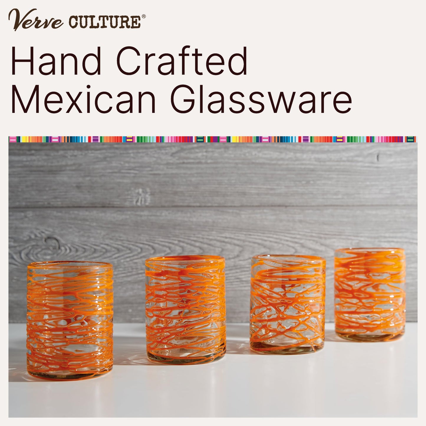 Verve CULTURE Hand Blown Drinking Glasses Set of 4 Orange Swirl Water Glasses | Authentic Mexican Glassware | 13 oz Capacity