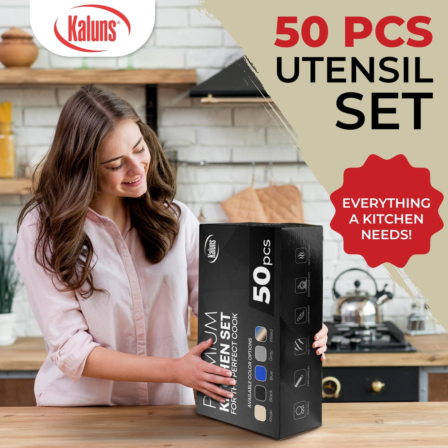 White 50-Piece Silicone Kitchen Utensils Set - Mothers's Day Gifts for Moms, Wives, Dads and Husbands - Complete Kitchen Set 800°F Heat-Resistant Non-Stick Premium Silicone Cooking Utensils with Wooden Handles