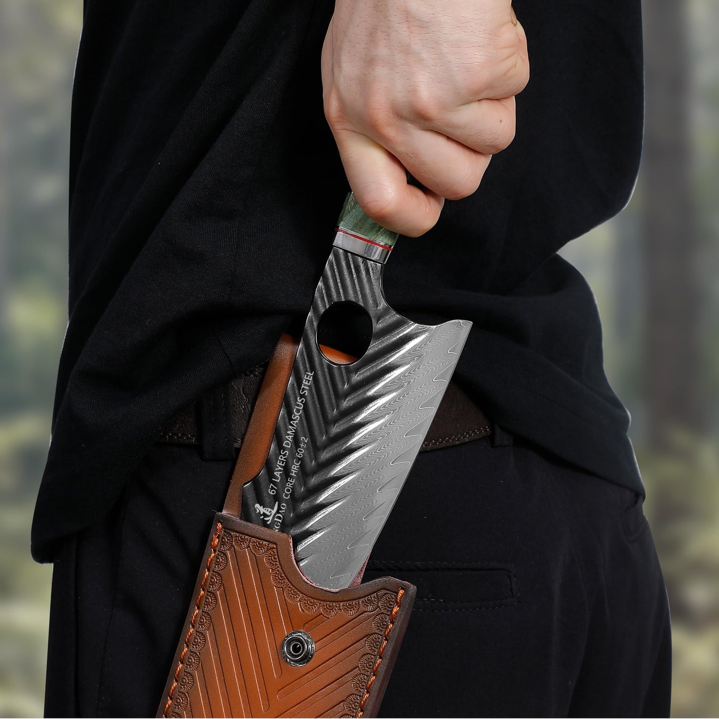Damascus Butcher Knife 7-Inch, Viking Cleaver Kitchen Knives with Leather Sheath - 67 Layers Alloy Steel with Professional Hand-Forged Resin & Wood Handle QILIN Series