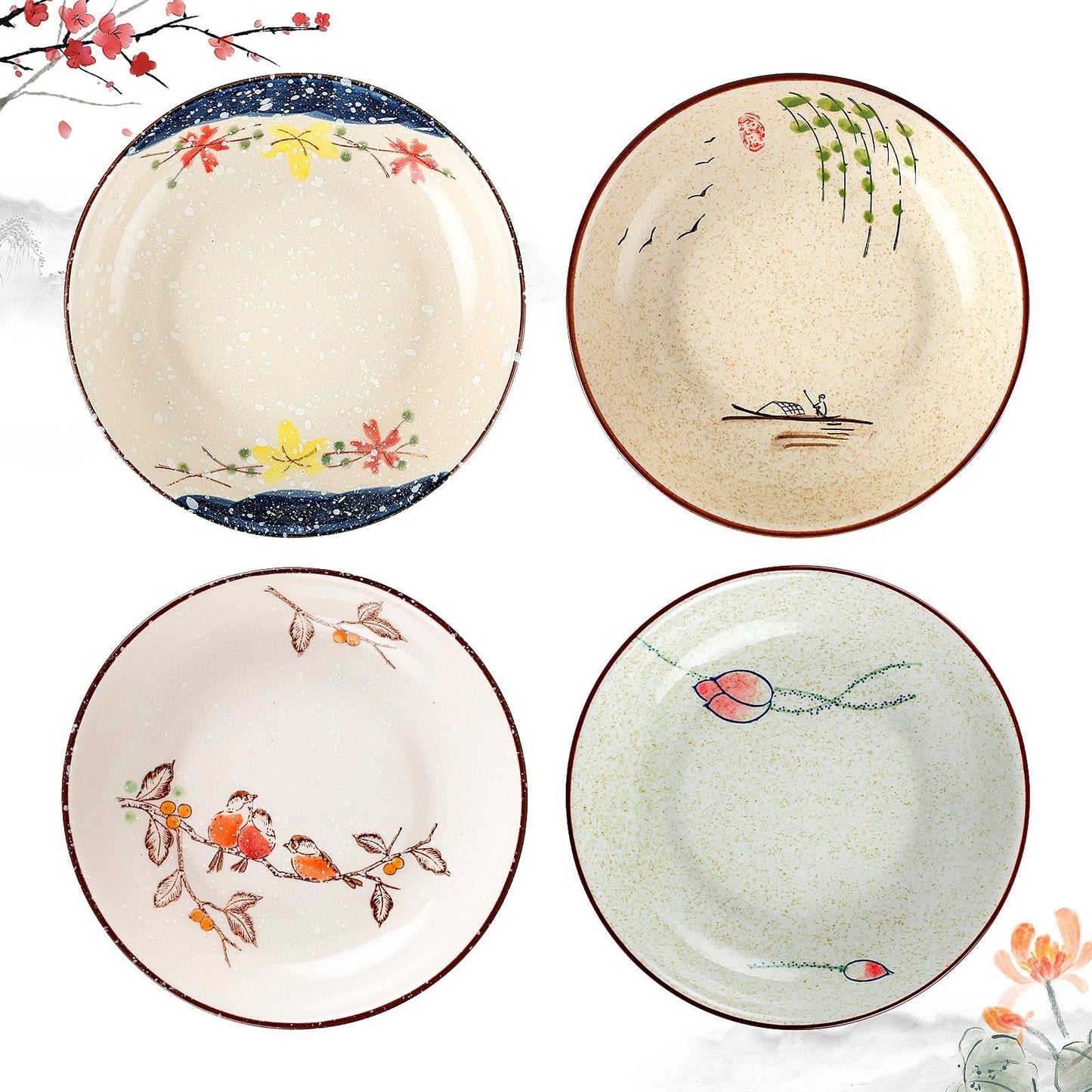 clothmile 7 Inch Japanese Retro Ceramic Dinner Plates Set of 4 Japanese Style Plates Asian Chinese Plates for Cereal, Soup, Dessert, Snack, Fruit, Salsa for Christmas Holiday Present