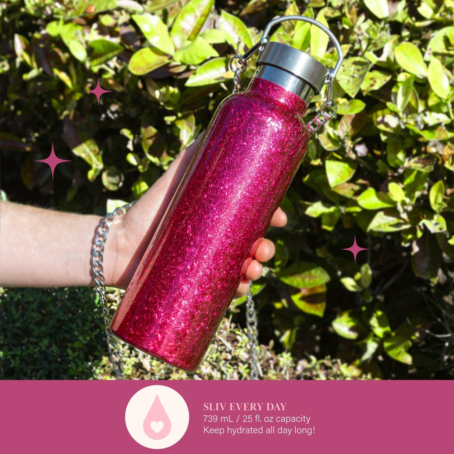 Paris Hilton Diamond Bling Water Bottle with Lid and Removable Carrying Strap, Stainless Steel Vacuum Insulated, Crackle Design, 25-Ounce, Pink Crackle