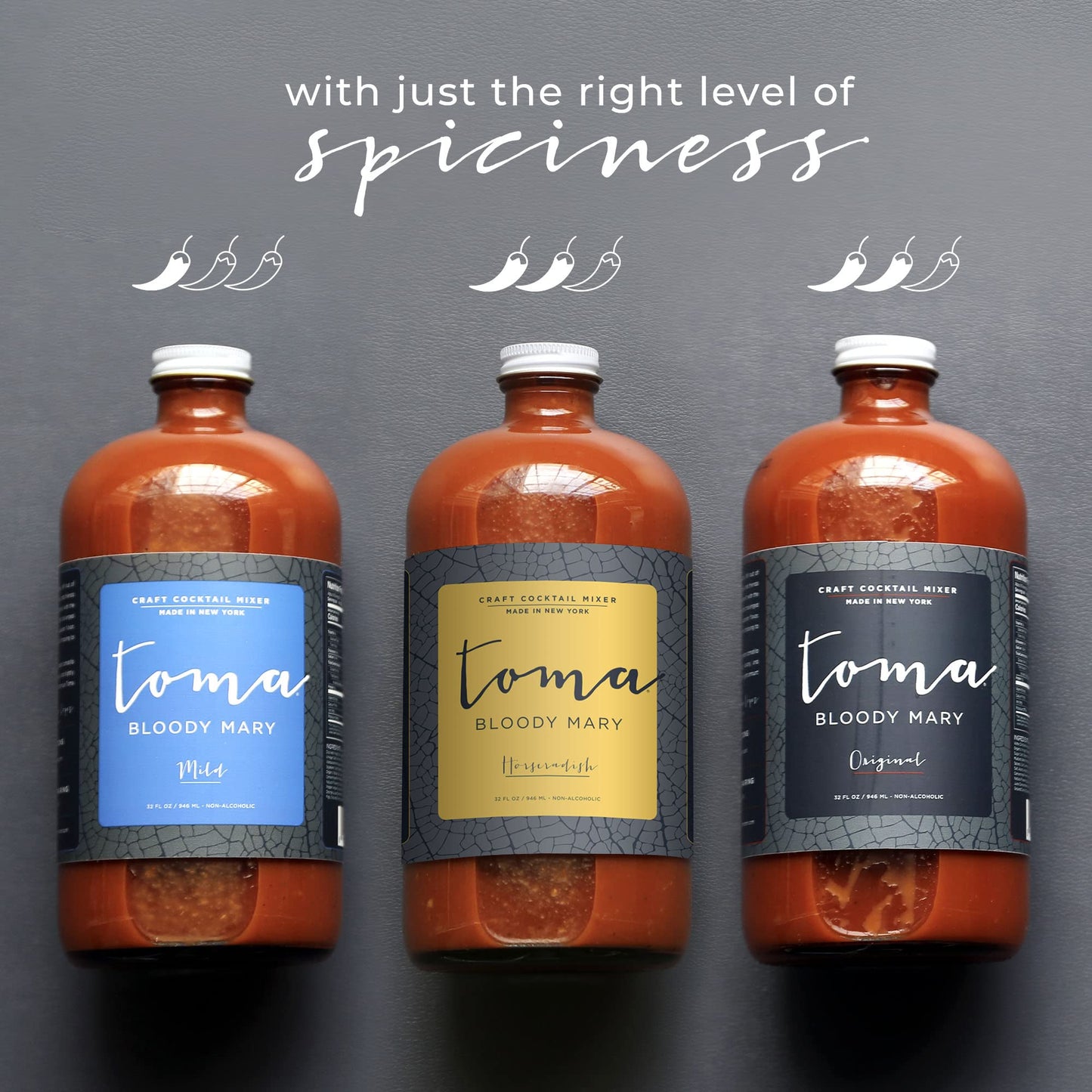 Toma Bloody Mary Craft Cocktail Mixer - Variety Pack - ORIGINAL (Spicy) & HORSERADISH (Medium) - Non-Alcoholic Mixer - Vegan - Gluten Free - Low Sodium - No MSG - No Added Preservatives - No Corn Syrup - 32 Oz. (2 Pack)