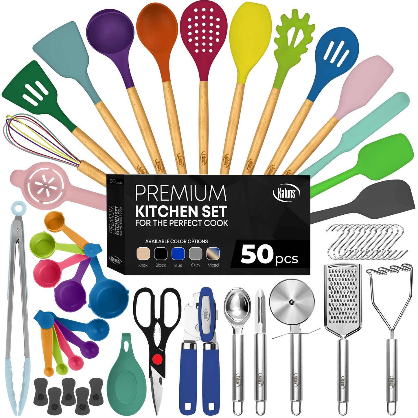 Colorful Medley 50-Piece Silicone Kitchen Utensils Set - Mothers's Day Gifts for Gourmet Mavens Everywhere - Complete Kitchen Set 800°F Heat-Resistant Non-Stick Premium Silicone Cooking Utensils W Wooden Handles Gifts for Mothers