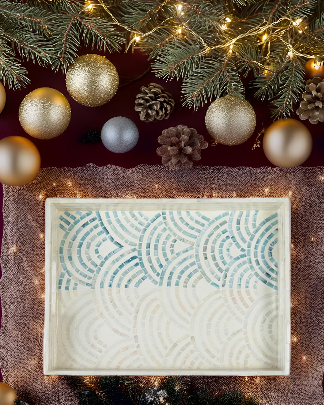 Striking Mother of Pearl Rectangular Serving Tray Nacre Wood Lap Ottoman Tray for Coffee Table, Luxury Decorative Handmade Eating Platters w Insert Handles (Blue Wave)