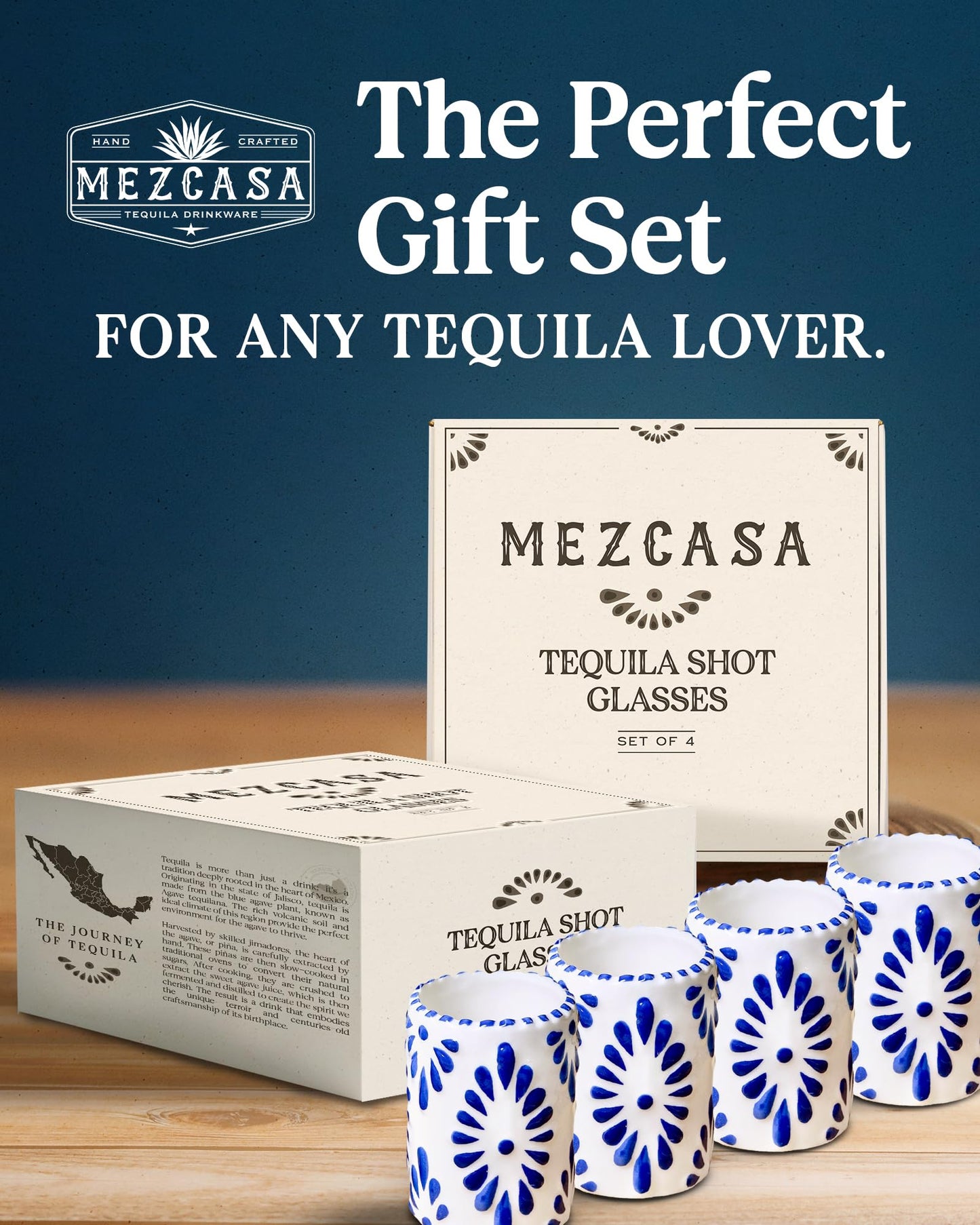 MEZCASA Talavera Shot Glasses — 100% Handmade Ceramic Tequila Shot Glasses with Talavera Mexican Pottery Design — Perfect Tequila Gifts for Women & Men for Any Occasion (BLUE | SET OF 4)
