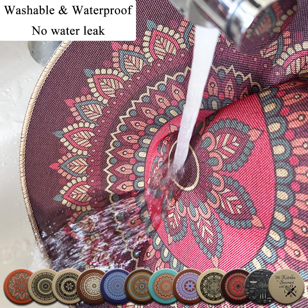 PIGCHCY Round Boho Placemats Set of 6, Rubber Heat Resistant Tabel Mats, Waterproof Washable Placemat for Dining Table Decoration (Teal)