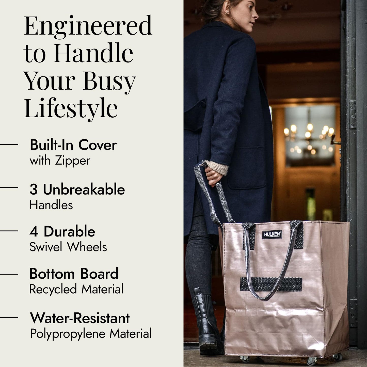 HULKEN (Medium, Rose Gold) Reusable Grocery Bag On Wheels, Shopping Trolley, Rolling Tote, Zipper Closure, Lightweight, Carries Up to 66 lb, Folds Flat, Unbreakable Handles