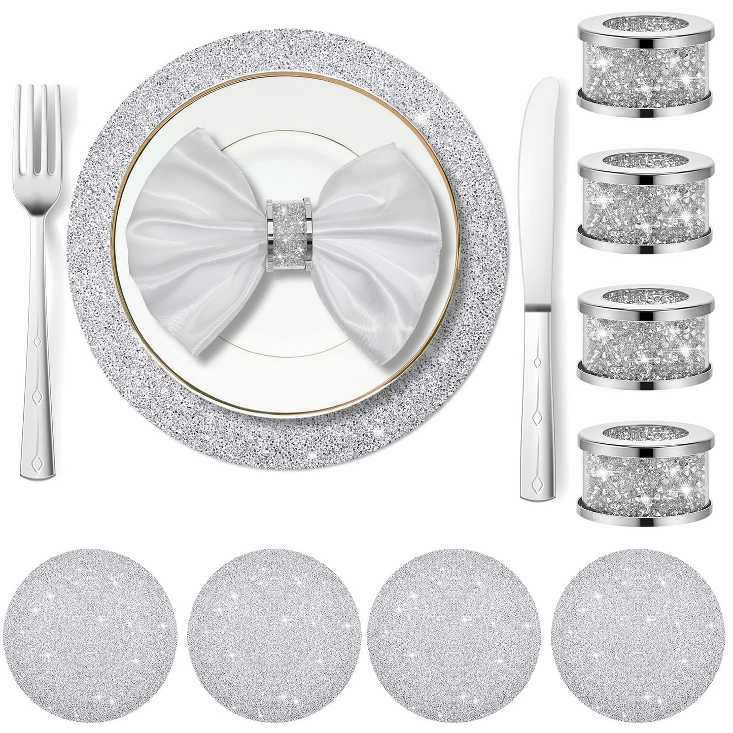 Suclain 4 Set Crushed Diamond Silver Napkin Rings Rhinestone Placemats Set Napkin Rings Holder Silver Crushed Rhinestone Placemats 13 x 13'' for Wedding Party Dinner Table Decoration