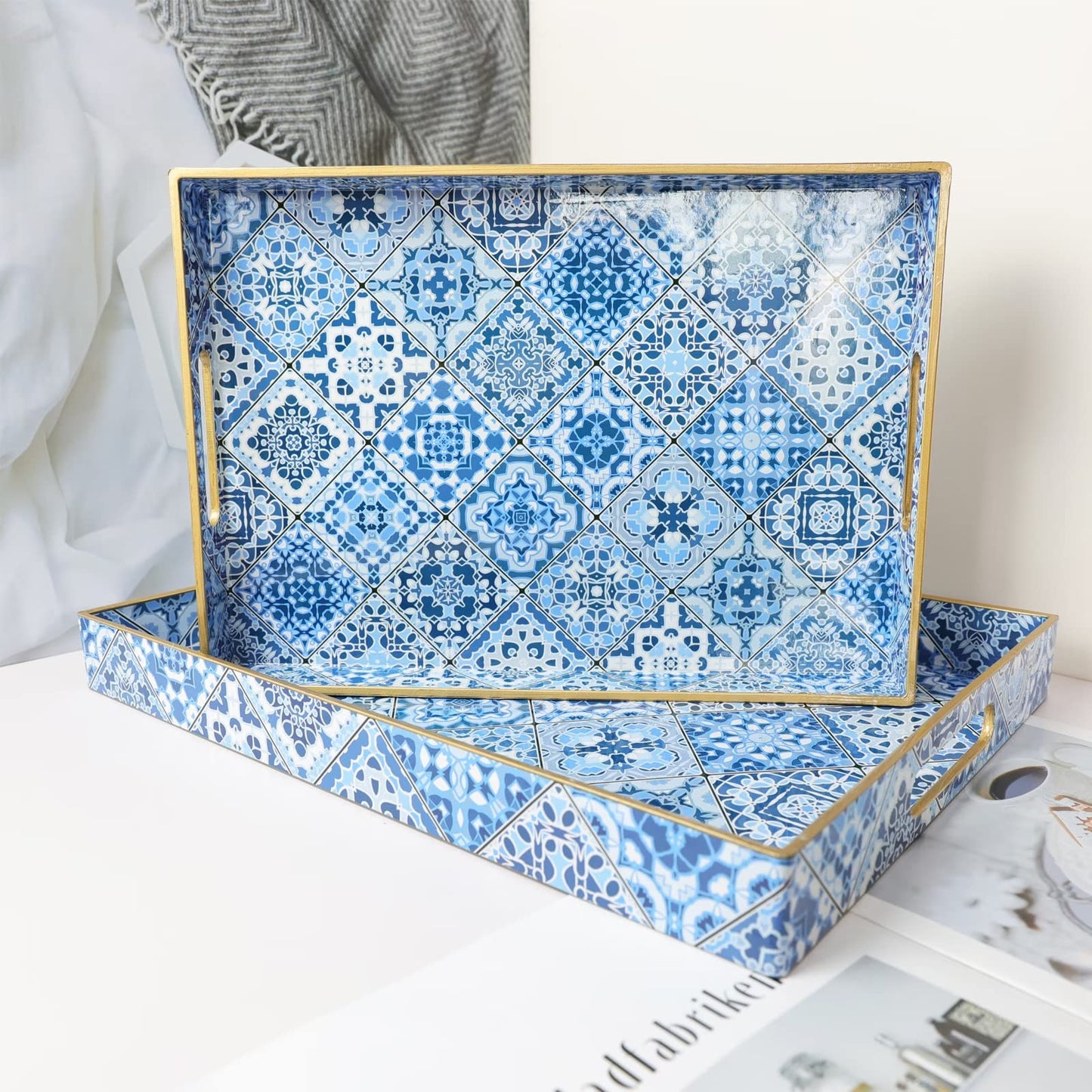 Spsyrine 2-Pack Decorative Plastic Serving Trays with Handles for Living Room, Coffee Table, Ottoman, Bathroom, Kitchen, Large 15.7”*11.8”*1.6", Small 13.7"*9.8", Boho Blue