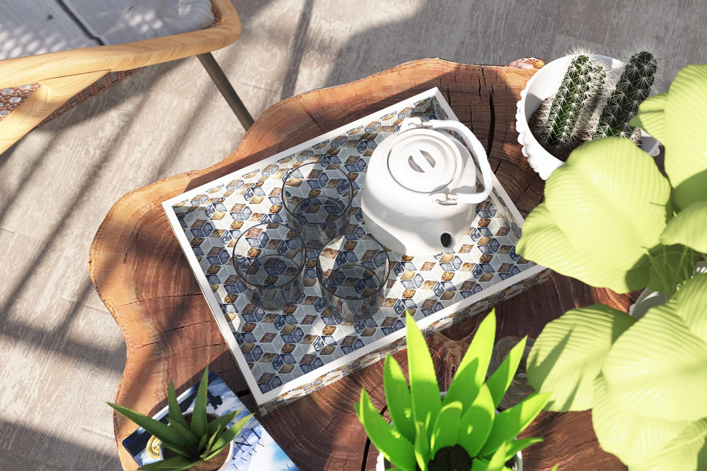 Rectangular Mother of Pearl Serving Tray Nacre Wood Lap Tray Coffee Table Ottoman Tray w Insert Handles, Luxury Decorative Handmade Eating Tray (Geometric Cube)