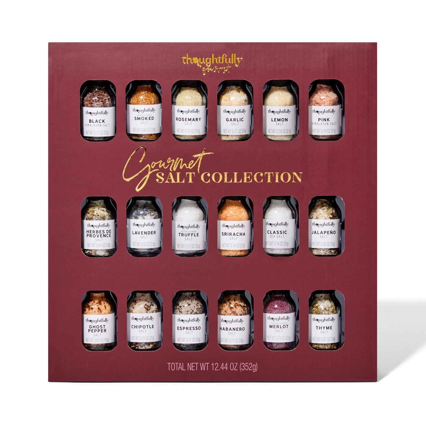Thoughtfully Gourmet, Gourmet Salt Sampler Collection Gift Set, Vegan and Vegetarian, Uniquely Flavored Seasoning Salts Including Smoked, Truffle, Merlot, Lavender, Espresso and More, Set of 18