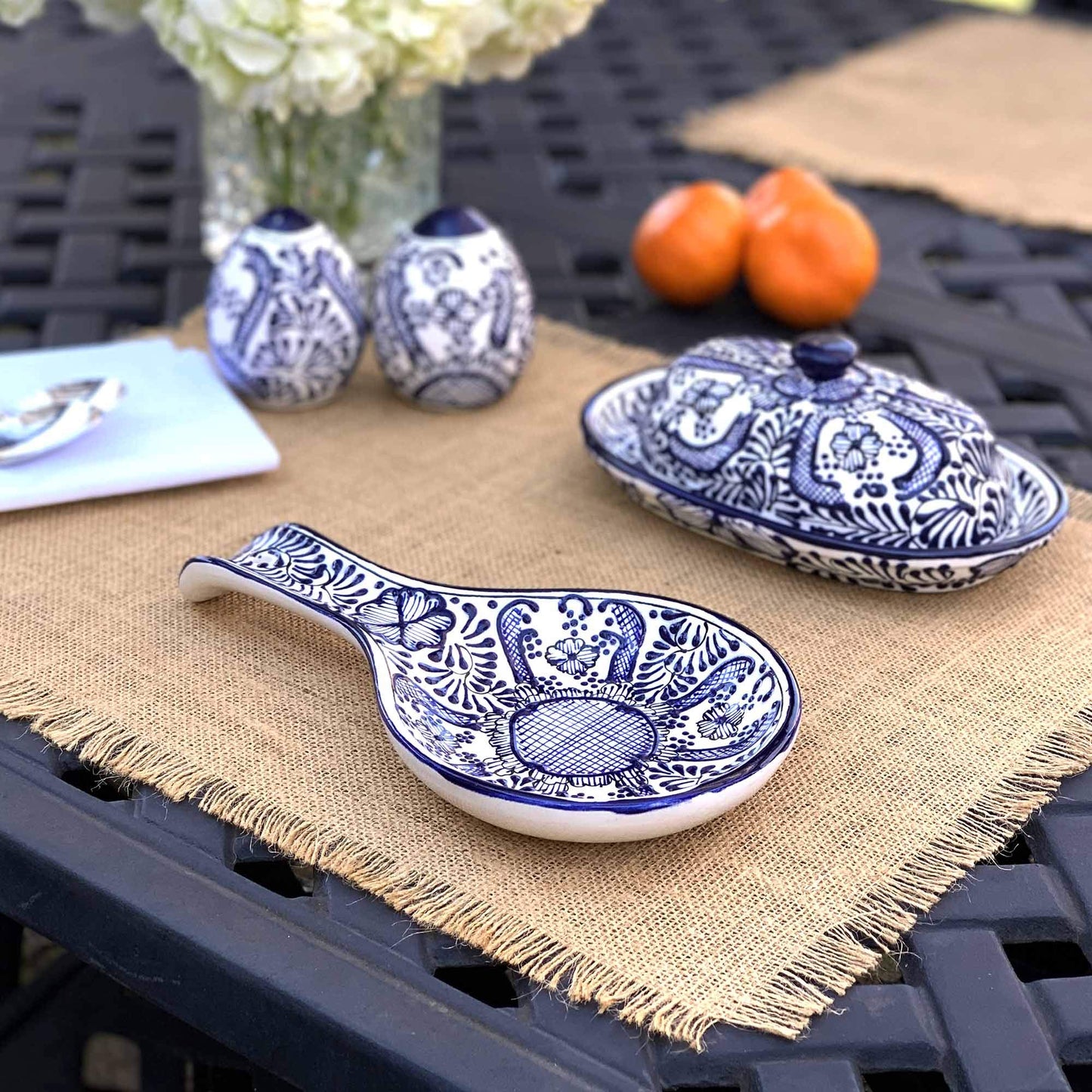Global Crafts Encantada Handmade Hand-Painted Authentic Mexican Pottery, Salt and Pepper Shaker Set, Blue Flower (MC085F-K2)