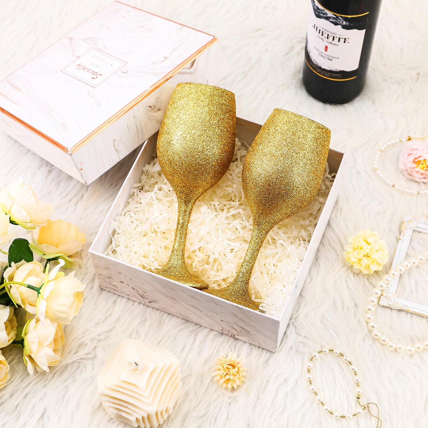 Singhoow Christmas Wine Glasses Set of 12, Glitter Long Stem Wine Glasses 13.5 oz Glitter Glass Wine Cups for Wedding, Anniversary and Home(Gold)