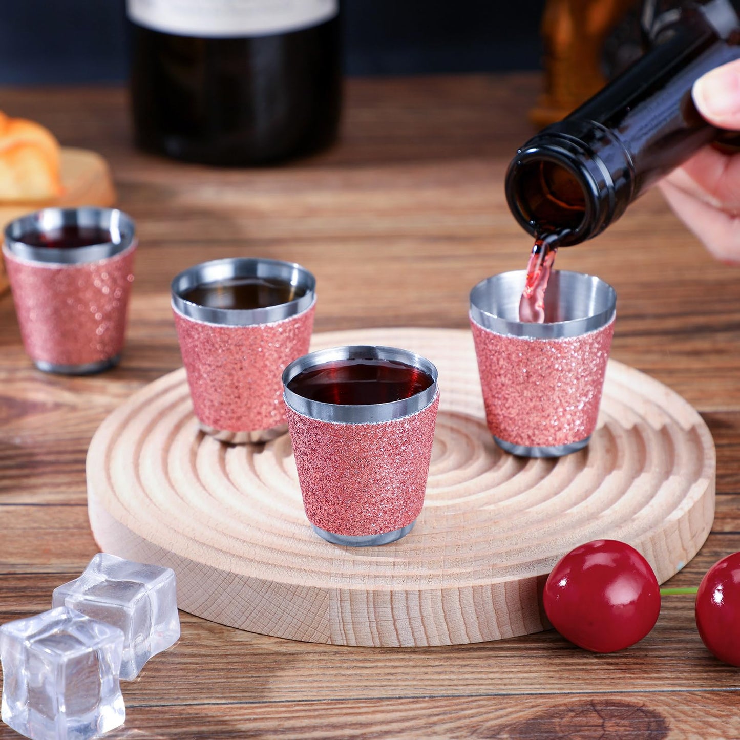 Qinyoung 50 Pcs 1 oz Stainless Steel Shot Glasses Bling Wine Glitter Metal Shot Glasses Bachelorette Wedding Valentine's Party Supplies for Espresso Whiskey Bar(Pink)