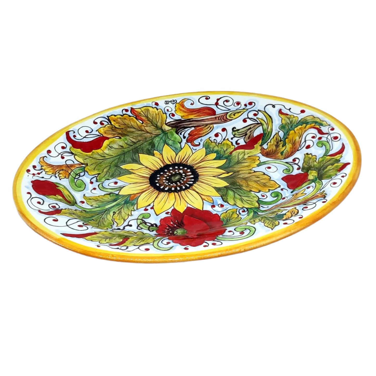 Italian Ceramic Serving Platter For Kitchen, Large Oval Serving Tray Hand Painted With Brush, Decoration With Sunflower Poppies, Produced By Giotti Ceramiche Made In Italy, Handmade Pottery