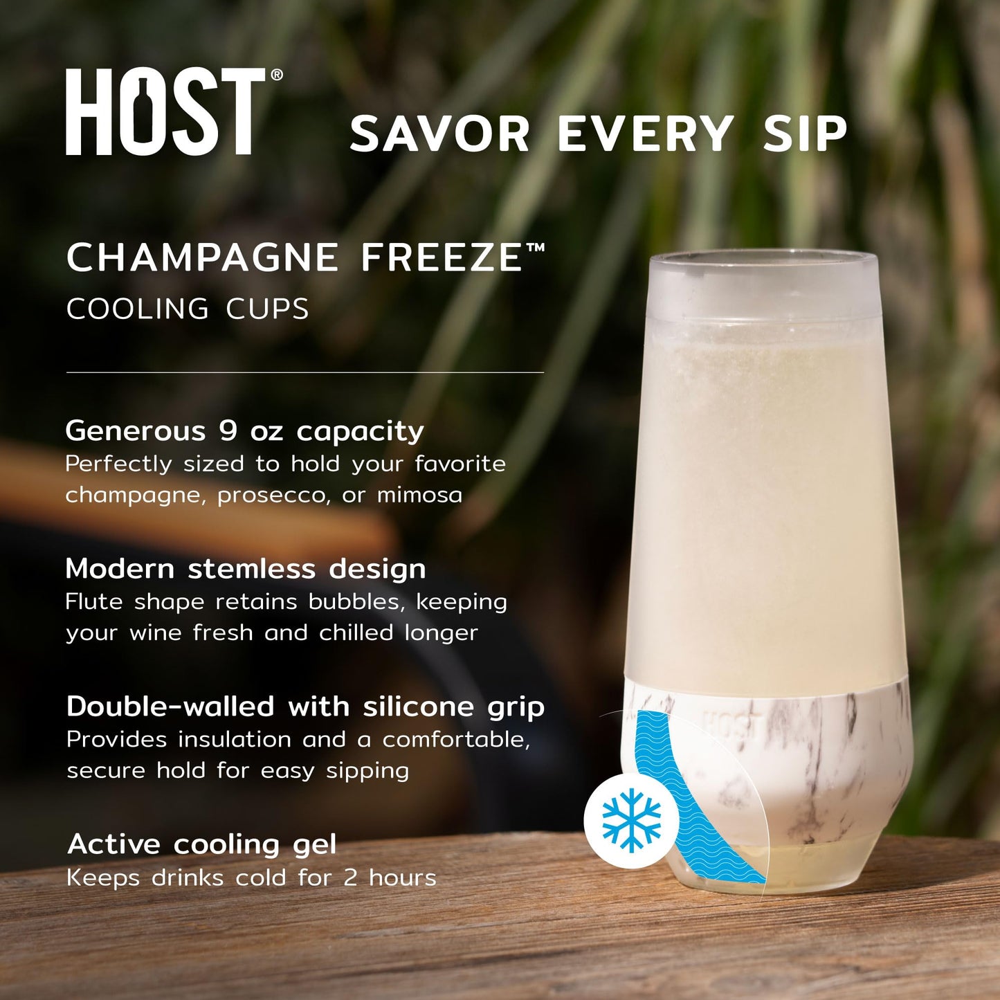 Host Champagne Freeze, Double-Walled Stemless Wine Glasses Freezer Cups with Active Cooling Gel and Insulated Silicone Grip, 9oz, Set of 4, Glitter