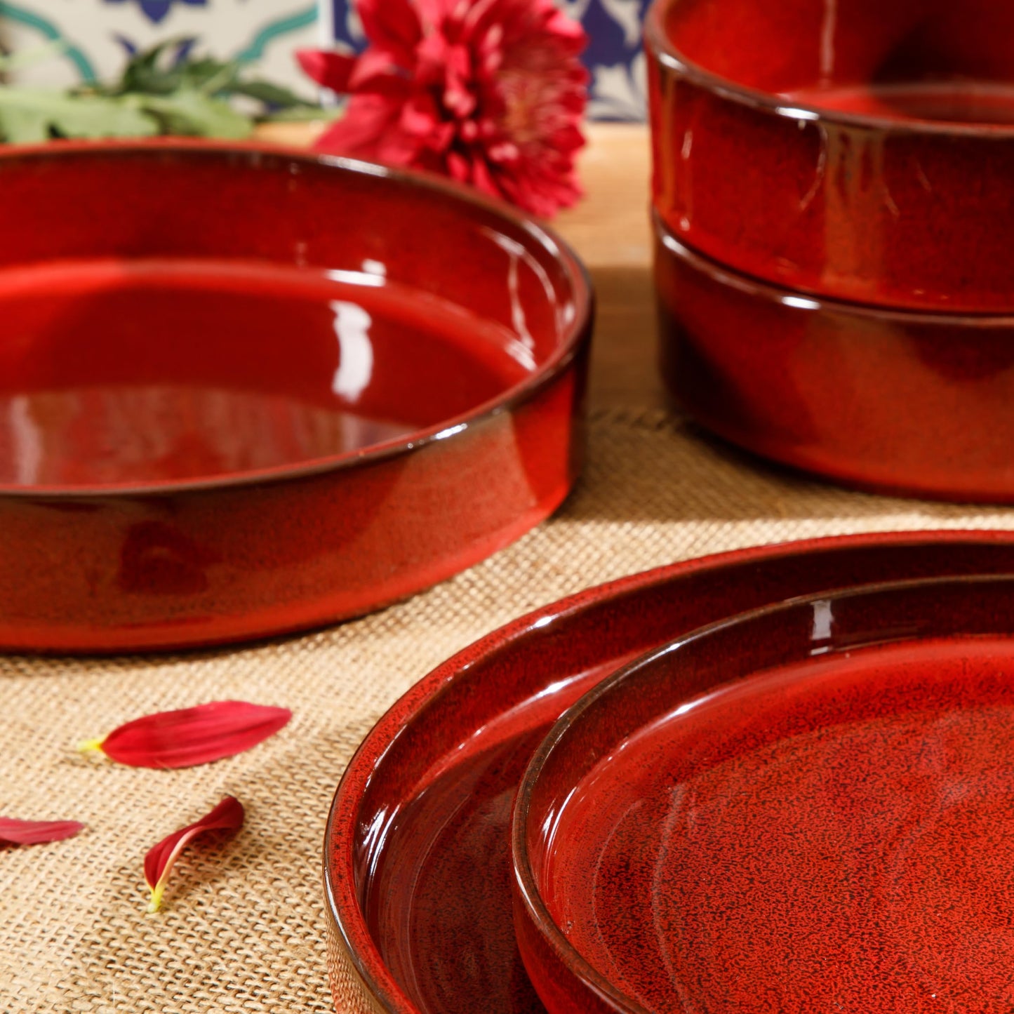 Bloomhouse - Oprah's Favorite Things - Santorini Mist Double Bowl Terracotta Reactive Glaze Plates and Bowls Dinnerware Set - Garnet Red, Service for Four (16pcs)