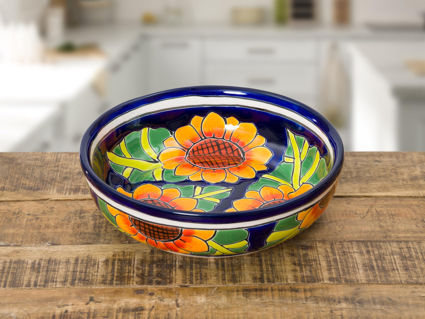 Enchanted Talavera Ceramic Hand-Painted Large Serving Bowl Pasta Bowl Fruit Bowl Salad Bowl Party Platter Holiday Bakeware Dish (Sunflower)