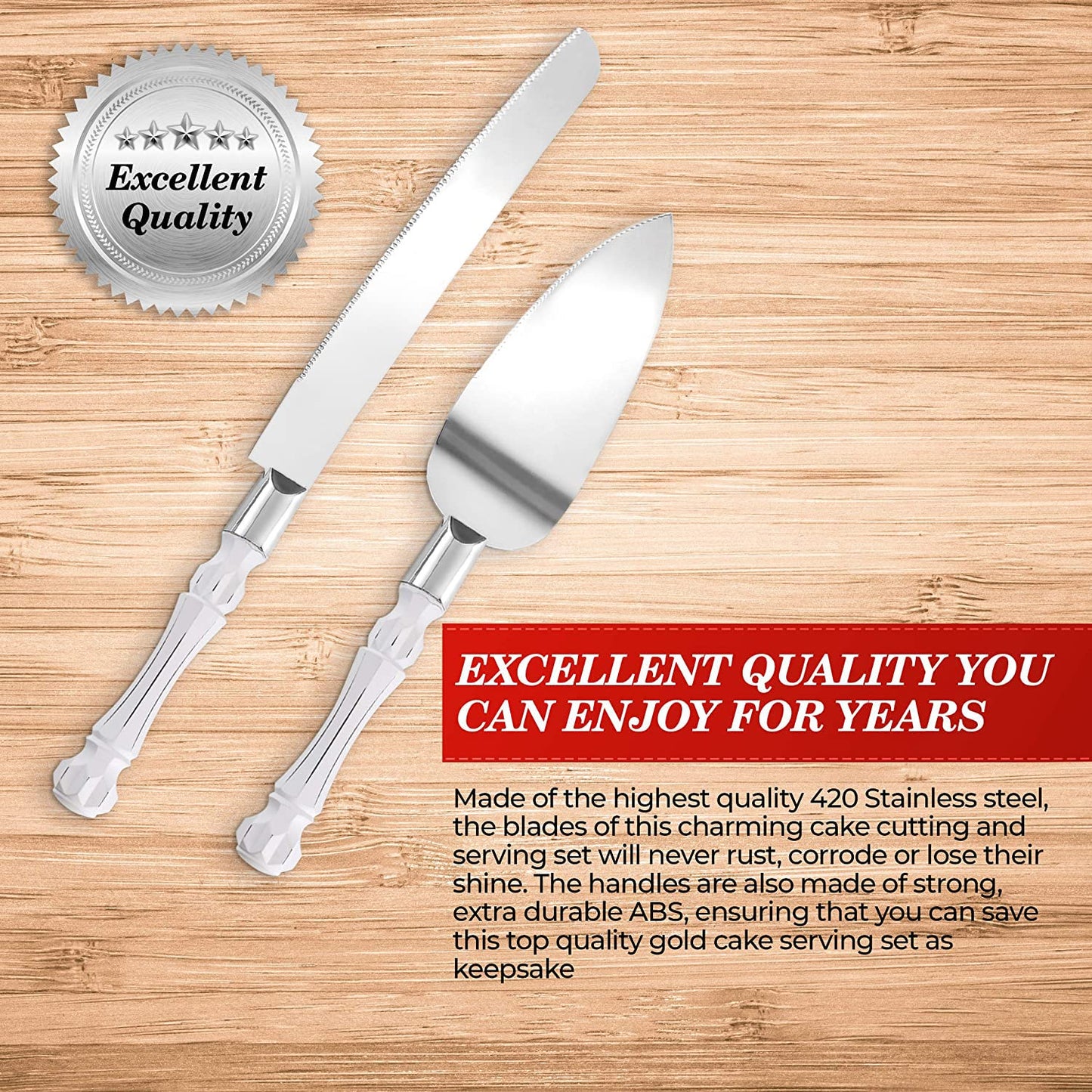 Homi Styles White Elegant Cake Knife and Server Set, Cake Cutter and Pie Spatula, Cake Server and Knife Set of 2 with Thick Blades, Rustic Wedding Cake Cutting Set, Birthdays, Anniversaries, Parties