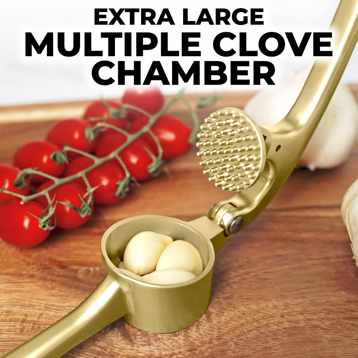 Zulay Kitchen Large Premium Garlic Press Set - Bigger Bowl for Bigger Garlic - Rust Proof and Dishwasher Safe Garlic Mincer Tool - Easy-Squeeze, Easy-Clean Silicone Garlic Peeler and Brush (Gold)
