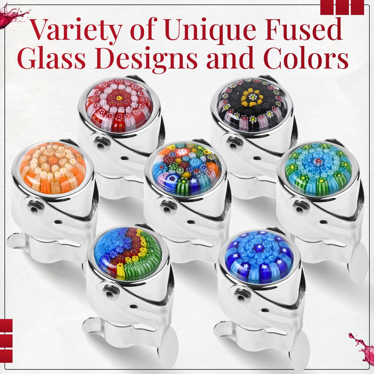 Wine & Champagne Stoppers 5 Pack – Professional Grade & Durable – Patented technology with an Airtight Seal Preserves Champagne, Wine, Cava & Prosecco – Millefiori Glass Top by Evan James Designs