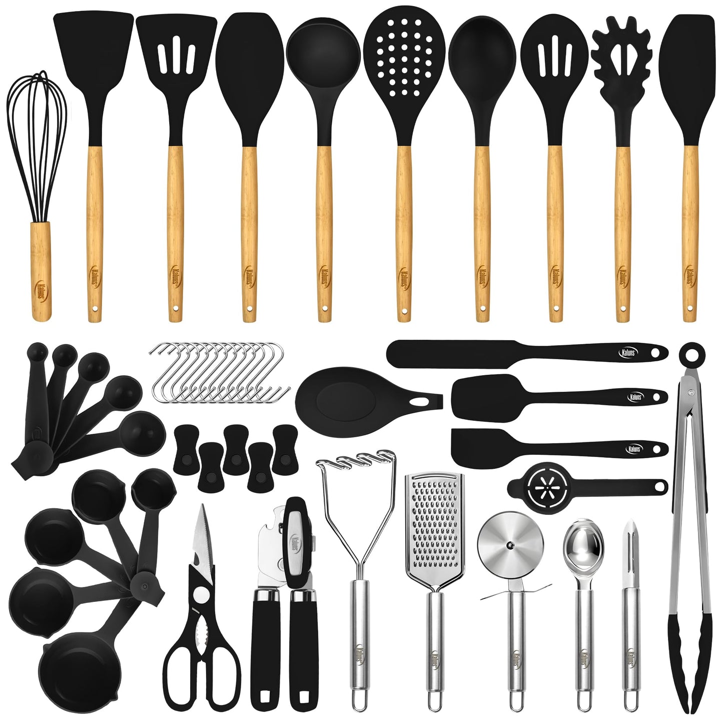 Black 50-Piece Silicone Kitchen Utensils Set - Mothers's Day Gifts for Mom Wife Complete Kitchen Set 800°F Heat-Resistant Non-Stick Premium Silicone Cooking Utensils W Wooden Handles Gifts For Mothers
