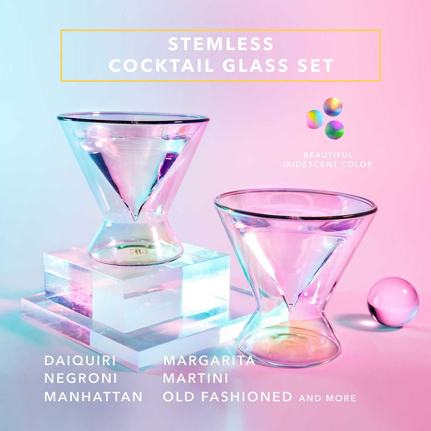 Dragon Glassware Stemless Martini Glasses - 7 oz Iridescent Set of 2 - Double Wall Insulated Cocktail Glass Set - Unique and Fun Gift for Espresso Martini Lovers