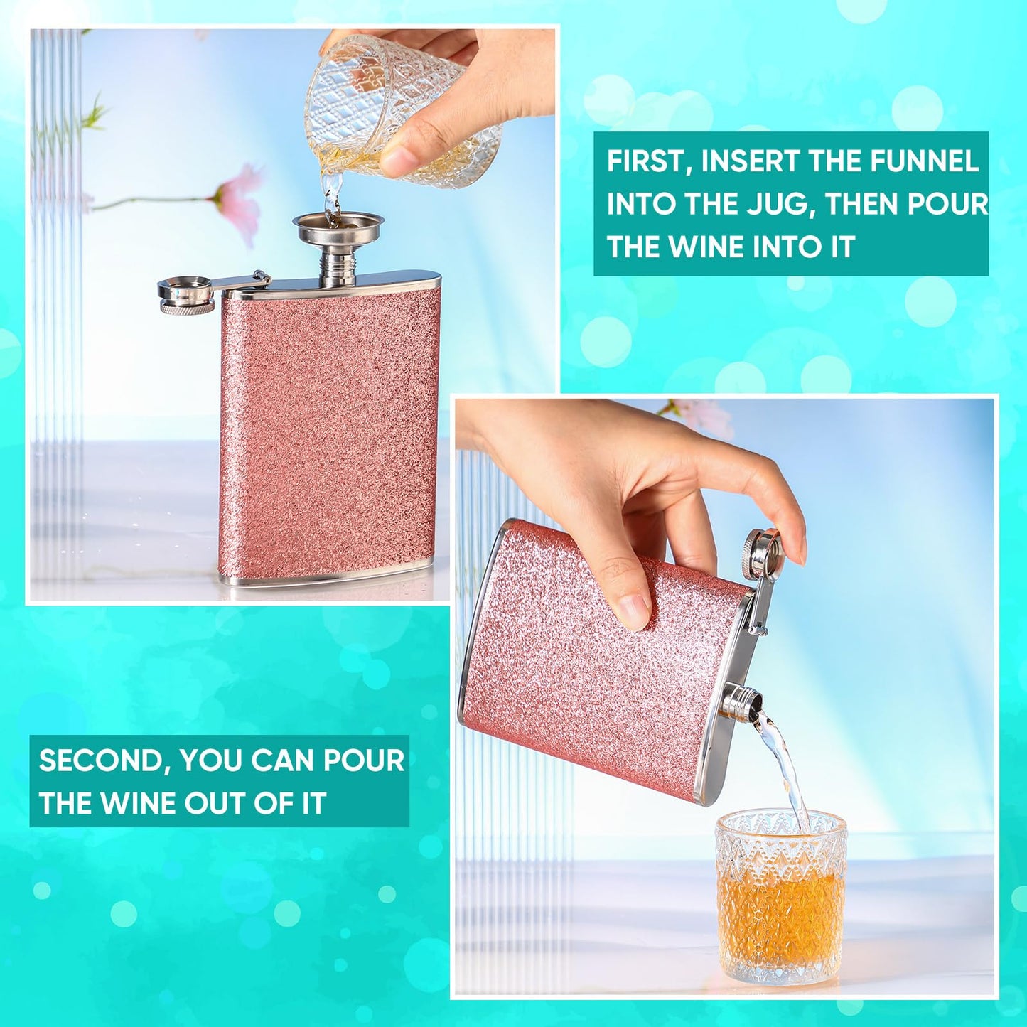 Meanplan 2 Pack 8 oz Glitter Bling Flask for Liquor for Women Cute Flask with Funnel Leakproof Stainless Steel Flask Whiskey Pocket Flask for Christmas Alcohol Drink Wine Wedding Party