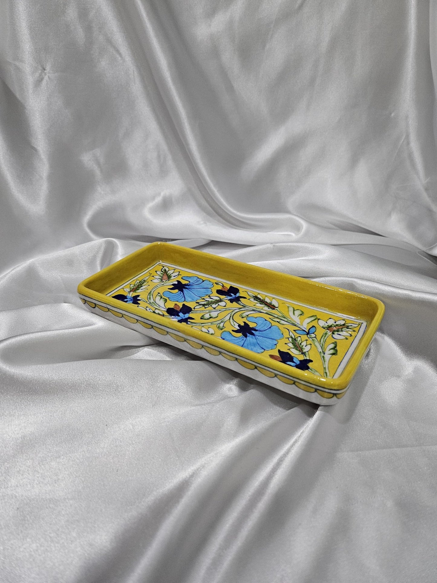 Tradition Treasure Azure and Sunburst Serving Platters Hand-Painted Ceramic Serving Dinner Plate Set of 2 – Sky Blue and Yellow Rectangle Trays for Main Meals, Tacos, Lunches, Snacks, Platters-8.5” x 5”