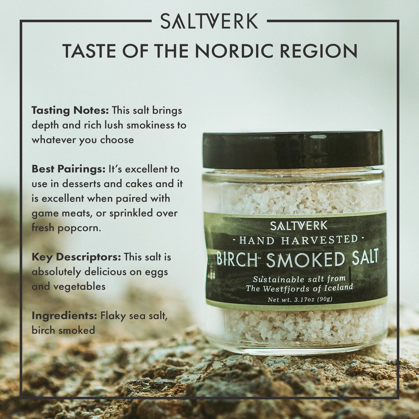 Saltverk Birch Smoked Sea Salt - 3.17 Ounces Jar - Hand Harvested Gourmet - Sustainably Made