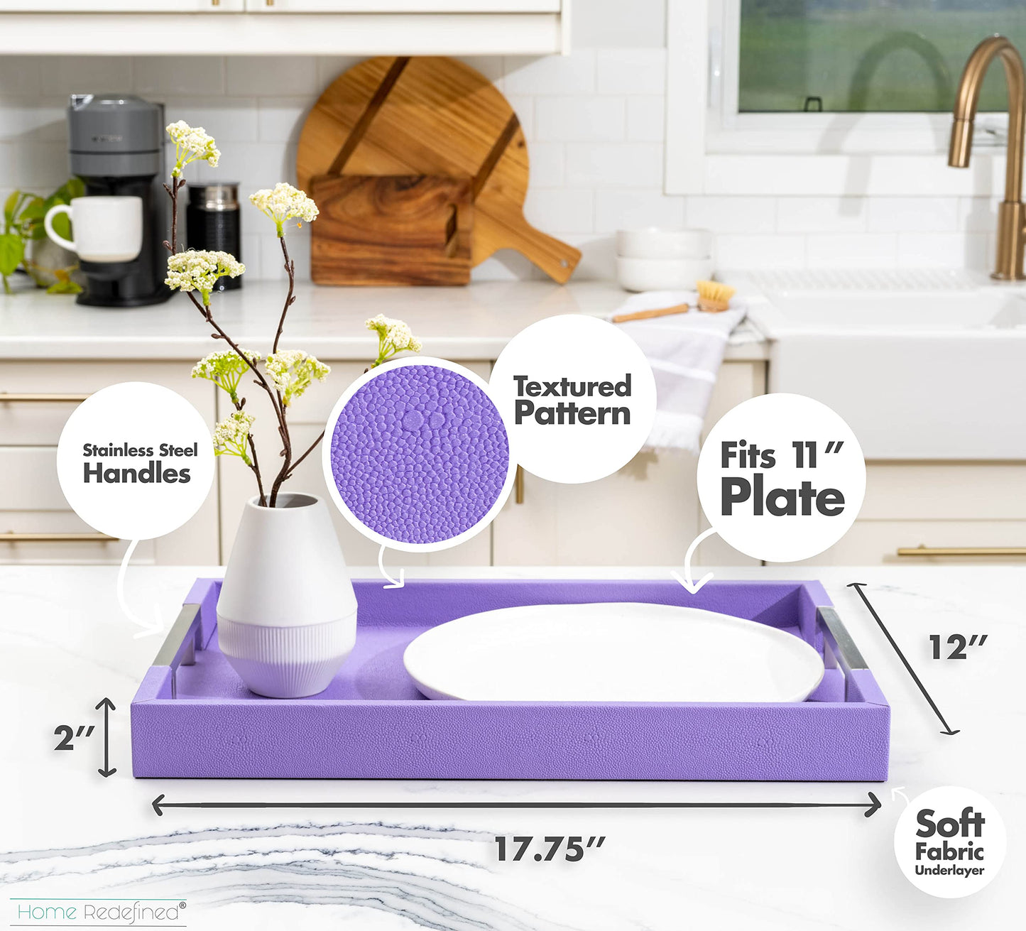 Modern Elegant 18"x12" Rectangle Purple Lavender Shagreen Faux Leather Decorative Tray Ottoman Coffee Table Perfume Living Room Kitchen Serving Tray with Silver Metal Handles by Home Redefined