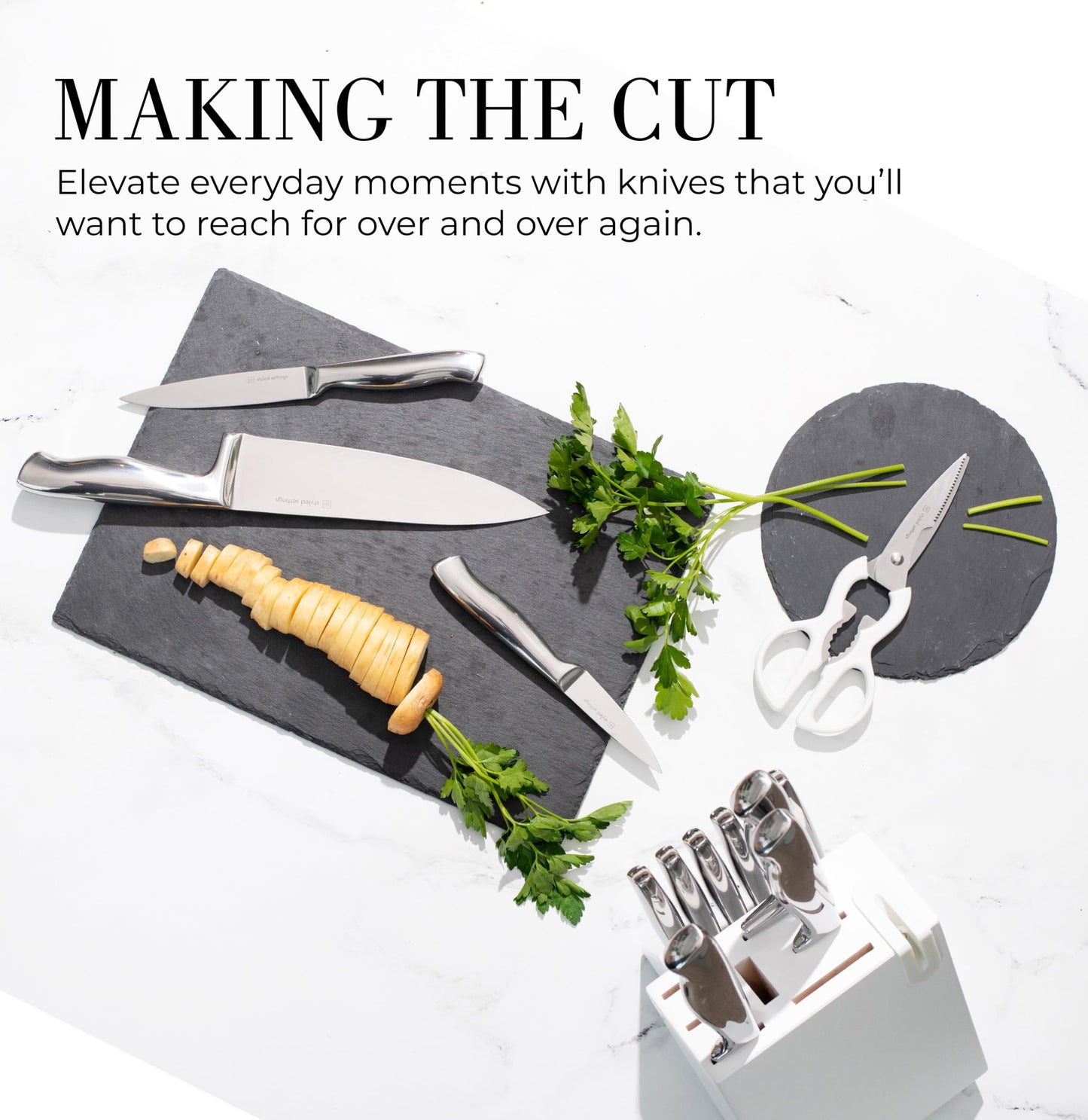Styled Settings Stainless Steel Knife Set with Built In Sharpener - 14-Piece Ultra Sharp, High Carbon Stainless Steel Kitchen Knife Set includes White Knife Base