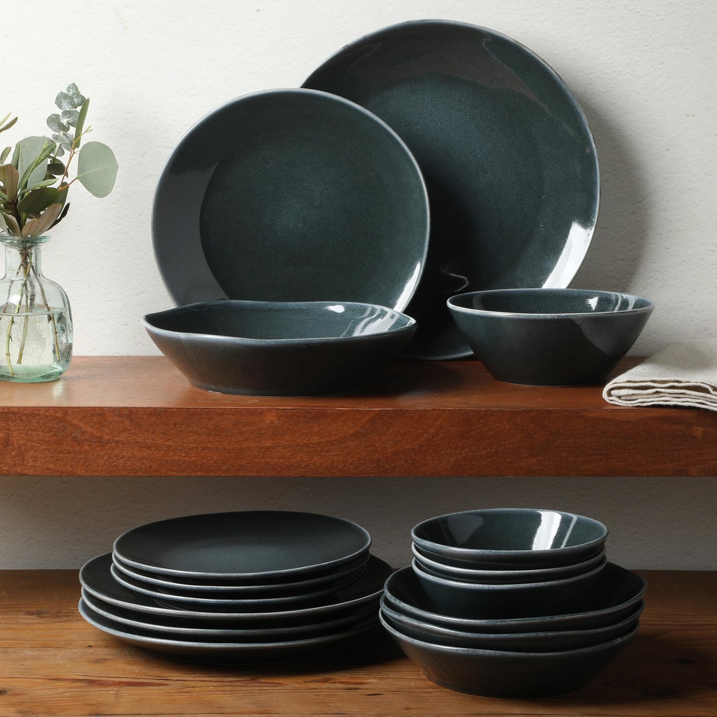 Bloomhouse - Oprah's Favorite Things - Montecito Breeze 16 Piece (Service for 4) Double Plates and Bowls Stoneware Reactive Glaze Dinnerware Set - Laguna Dawn