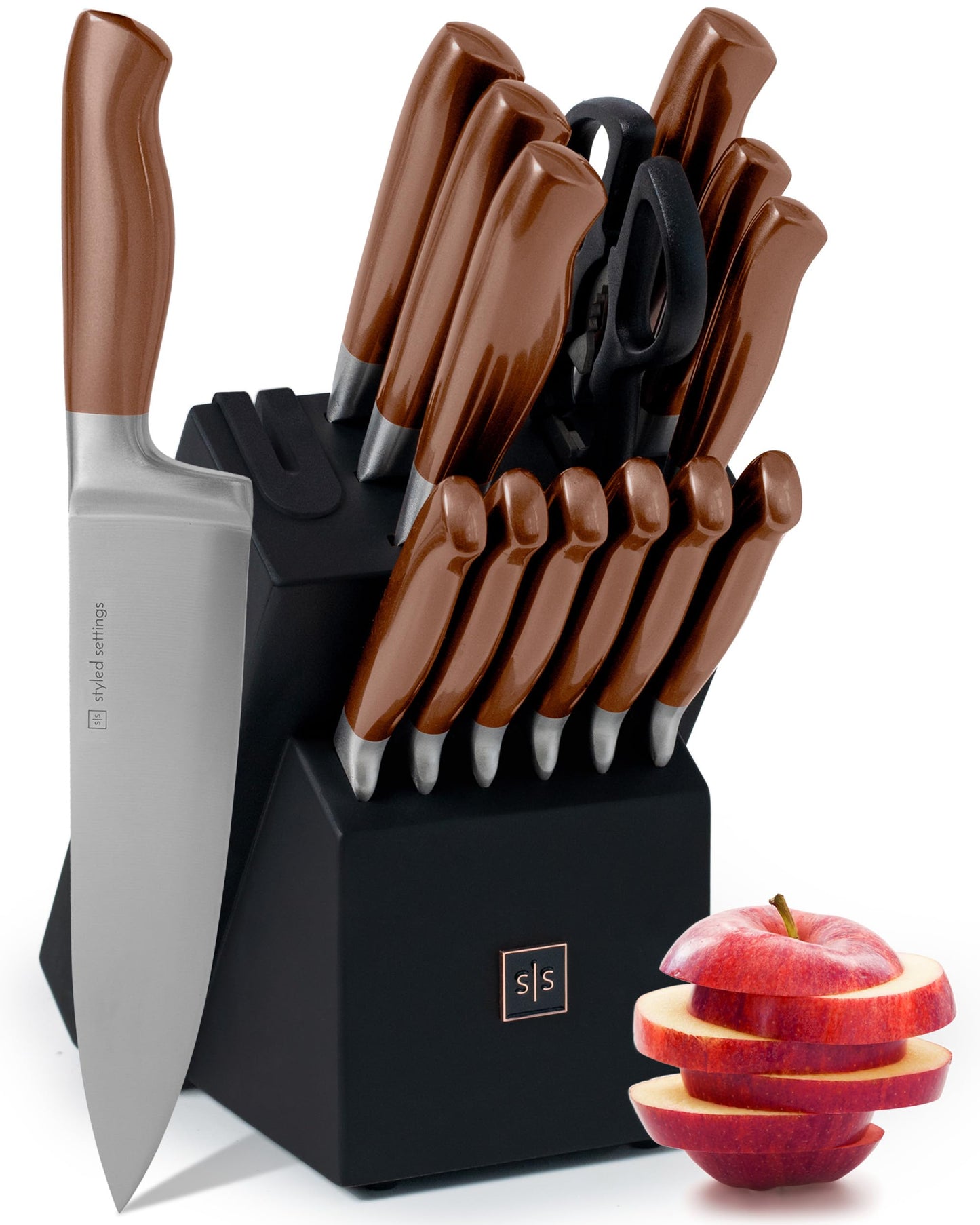 Copper Knife Set with Block and Sharpener – 14-Piece Rose Gold Knives with Black Knife Block and Built-In Sharpener – Stylish Copper Kitchen Accessories and Decor for Cooking and Prepping