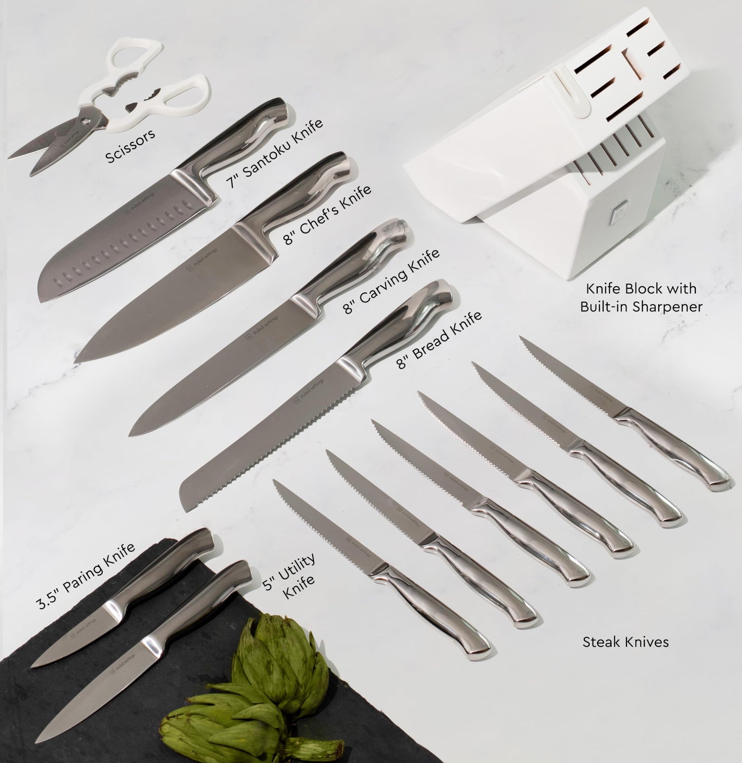 Styled Settings Stainless Steel Knife Set with Built In Sharpener - 14-Piece Ultra Sharp, High Carbon Stainless Steel Kitchen Knife Set includes White Knife Base