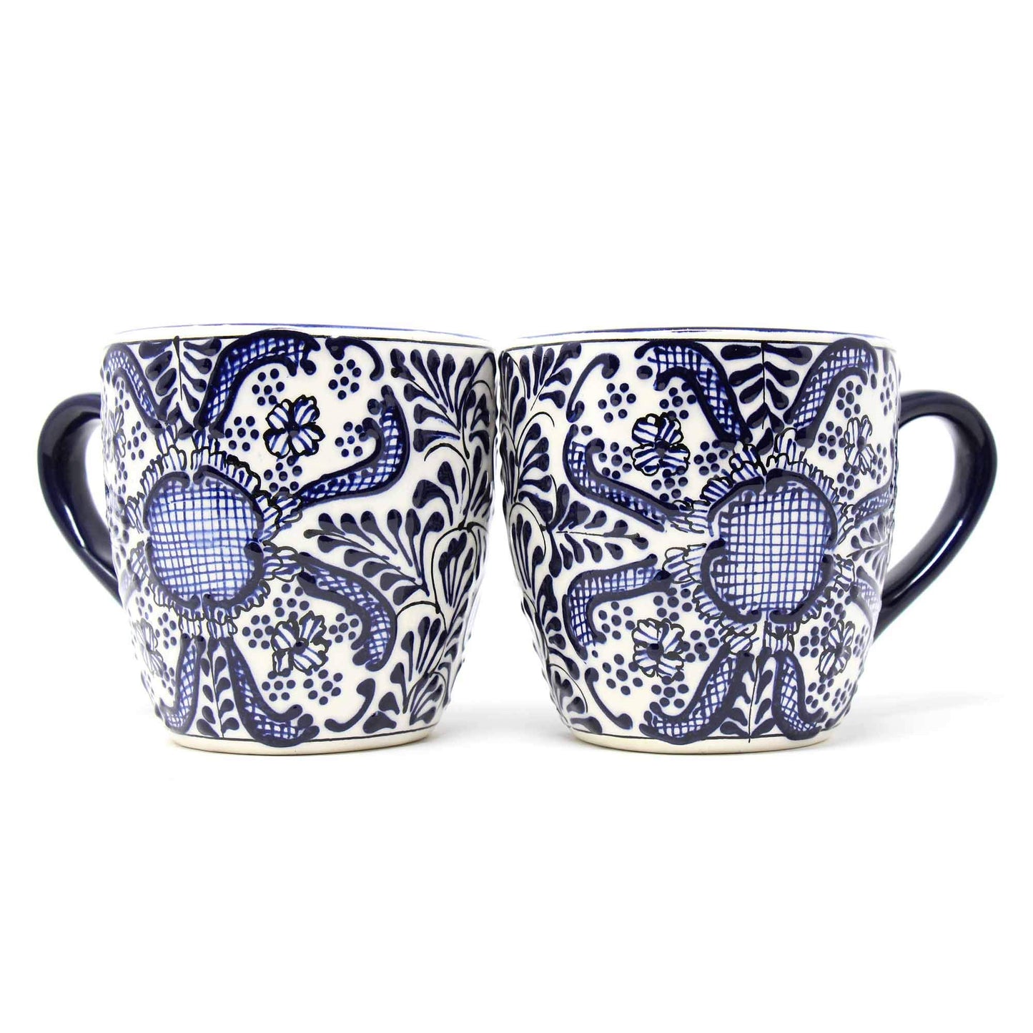 Global Crafts Encantada Handmade Hand-Painted Authentic Mexican Pottery Mugs (Cobalt Blue Flower X2)