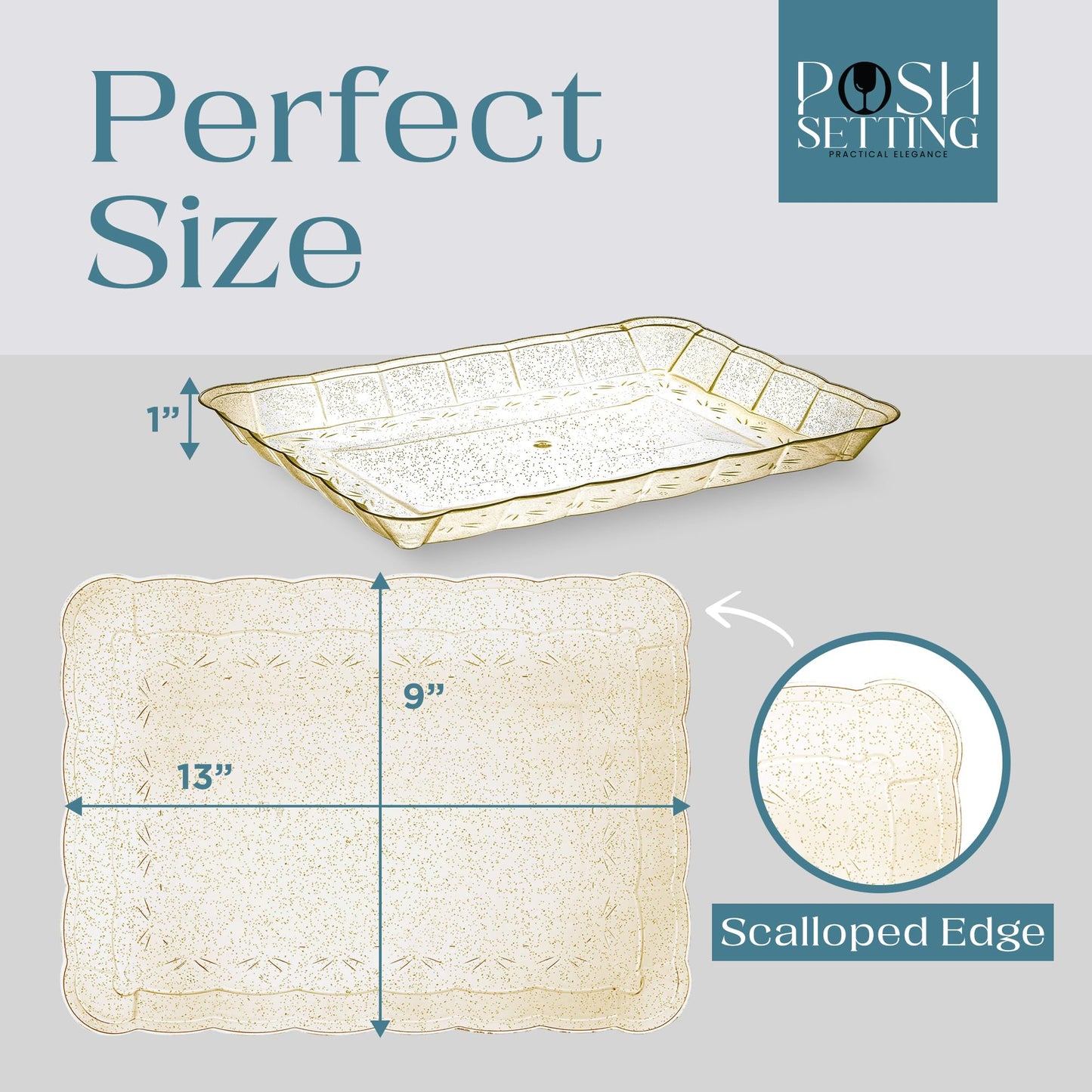 Posh Setting - Plastic Trays for Serving Food, Glitter Gold Serving Trays for Party, Plastic Serving Trays, Serving Dishes for Parties, Plastic Platters & Food Trays for Party, Plastic Serveware-9x13