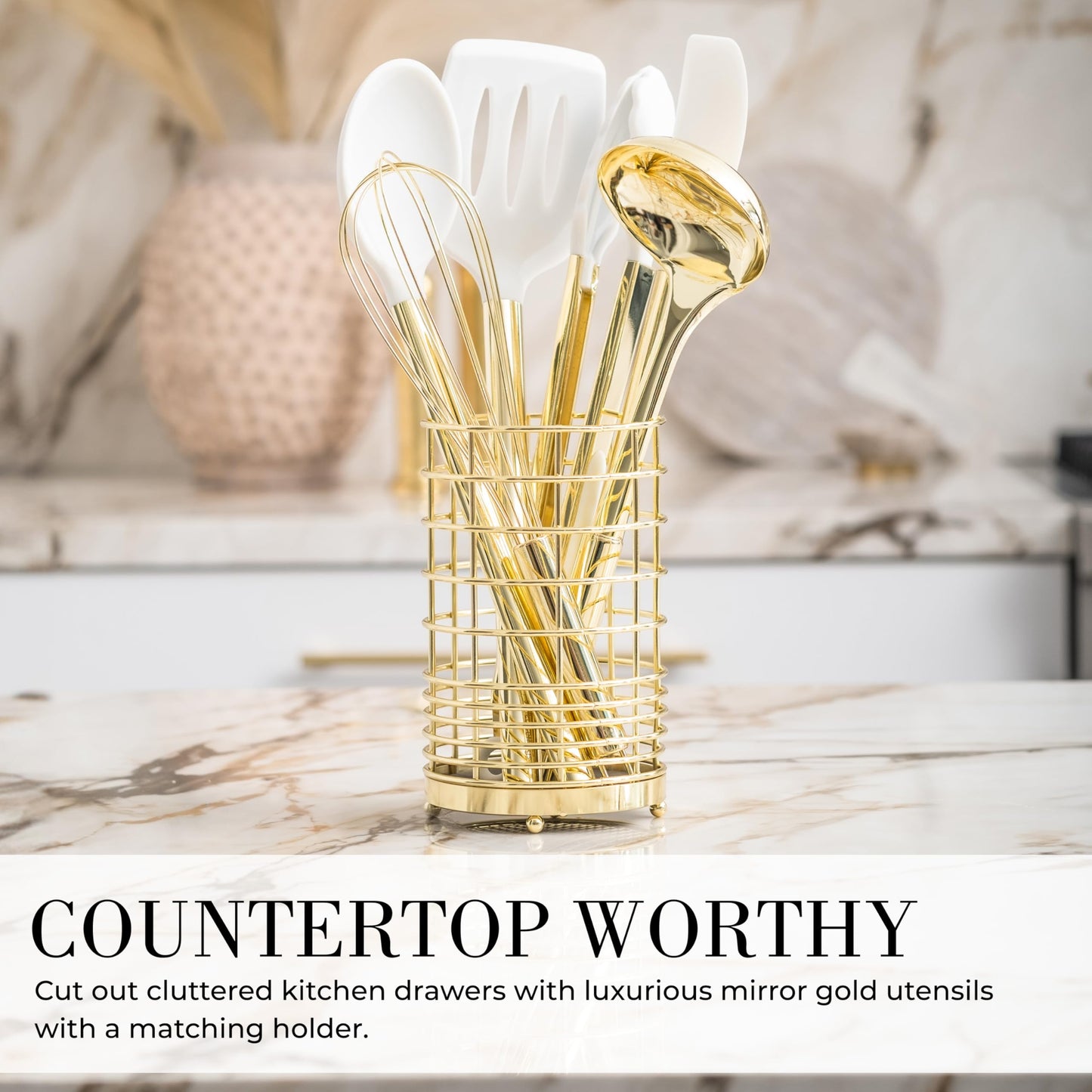 White Silicone and Gold Cooking Utensils Set with Gold Utensil Holder - 7-Piece Silicone Cooking Tools - Ideal for Nonstick Cookware and Stylish Modern Kitchens - Luxury Kitchen Accessories