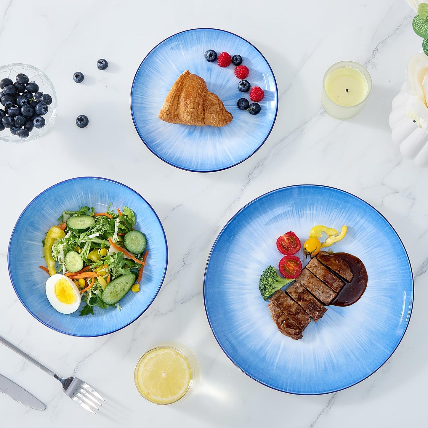 Bestone 12 Piece Round Kitchen Dinnerware Set,Plates and Bowls sets,Dishes, Plates, Bowls, Dish Set,Plates and Bowls,Service for 4, Chip Resistant Porcelain,Starburst Blue