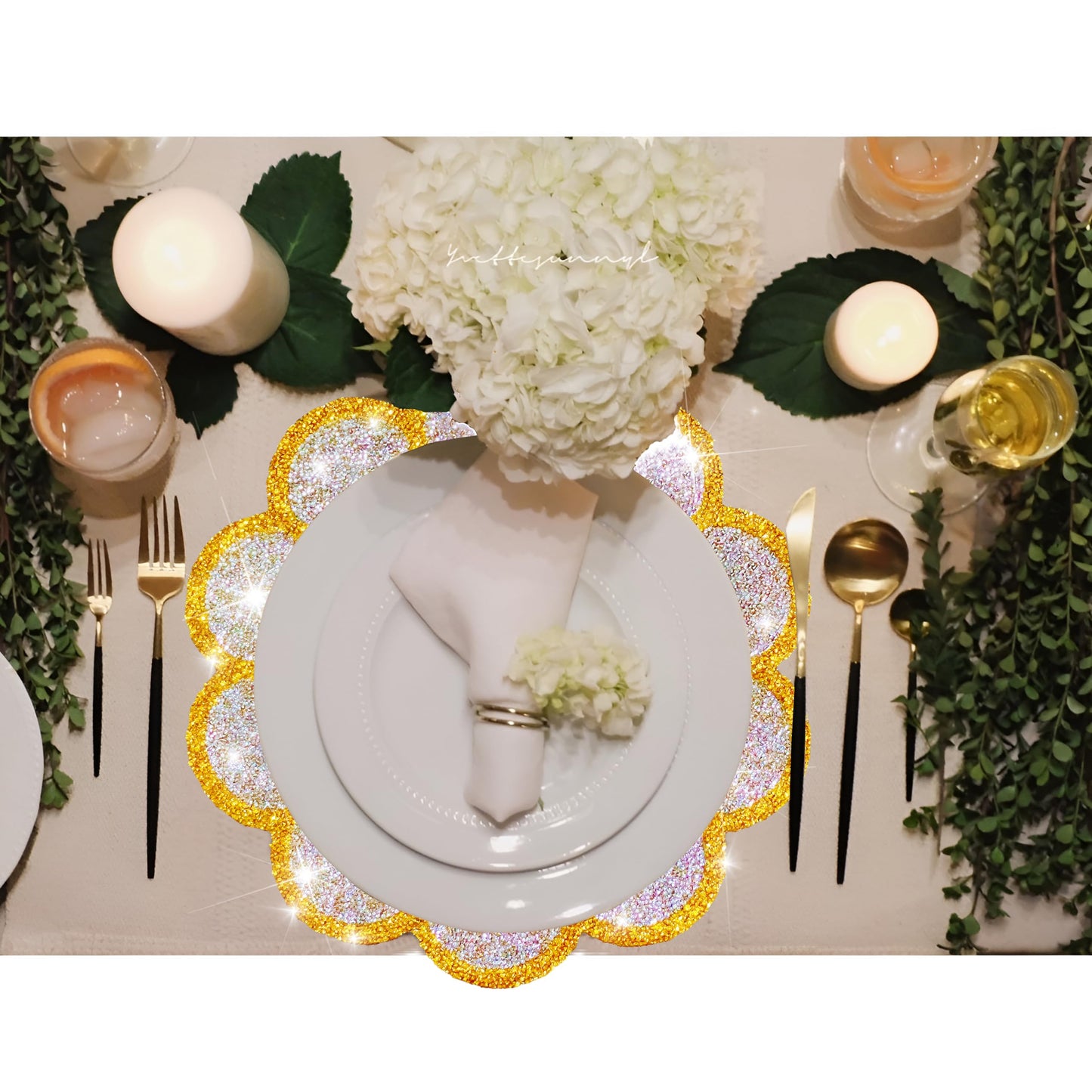 Washable Waterproof Diamond Circle Placemats for Round Tablescape Decor for Dinner and Kitchen Bling Placemats for Weddings & Special Events (Yellow)