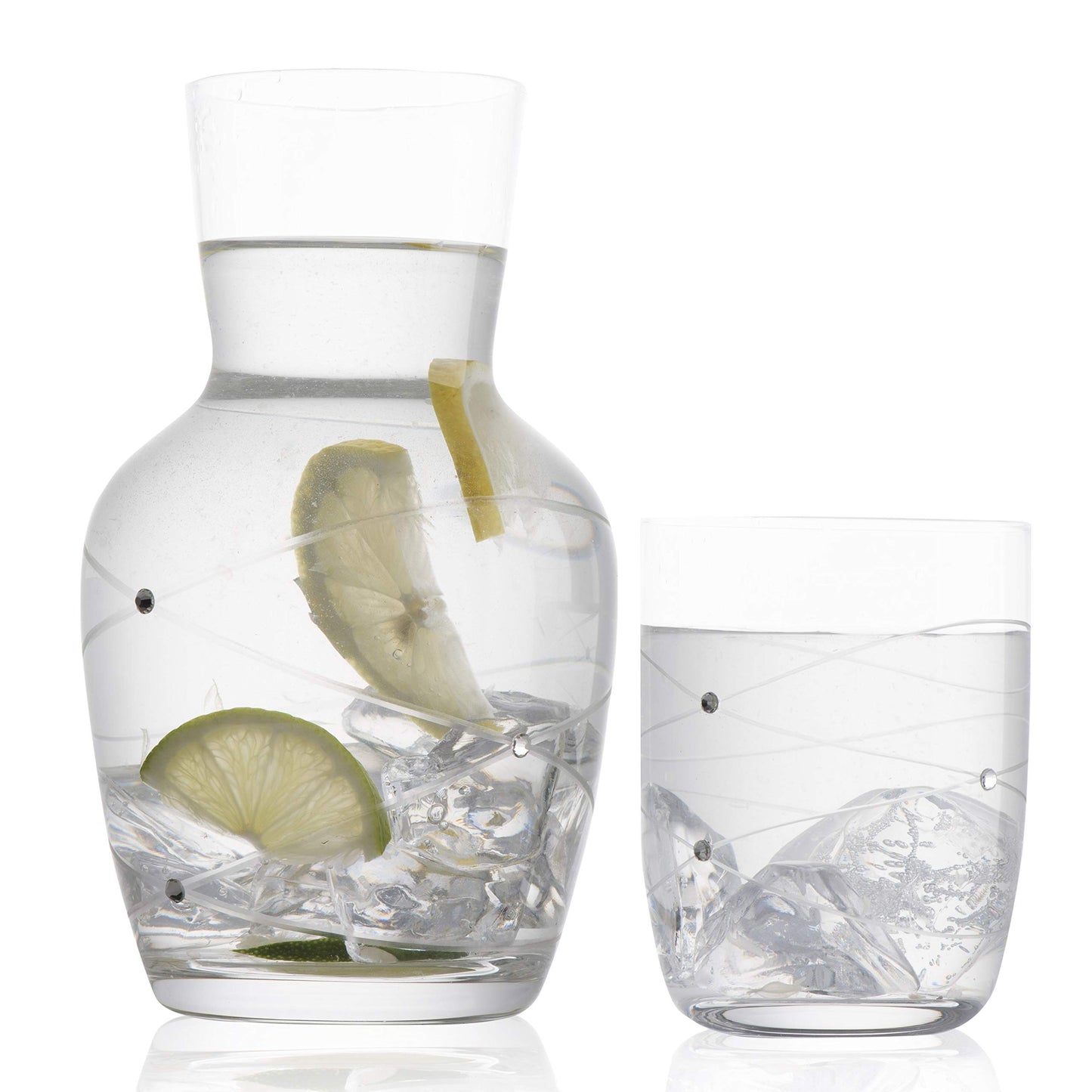 Trinkware Calici Nightstand Water Carafe With Tumbler - Etched Swirl Design With Stones - 2-Piece Water Set Pitcher and Cup