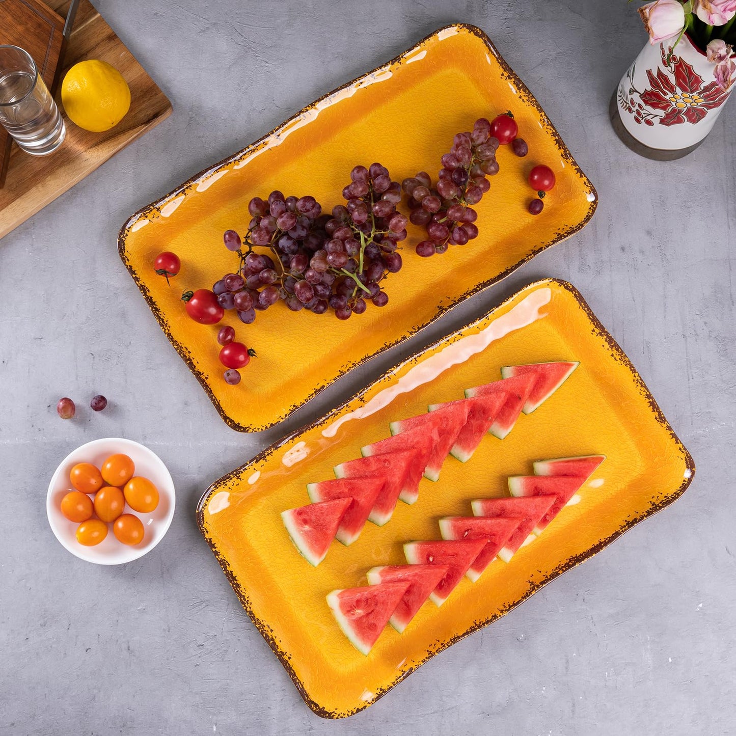 Deep Gold Melamine Farmhouse Rectangular Serving Platter Sets, 17.5" x 10" Melamine Large Serving Tray Sets,100% Melamine, Dishwasher Safe, BPA Free, Lightweight and Unbreakable,Gold