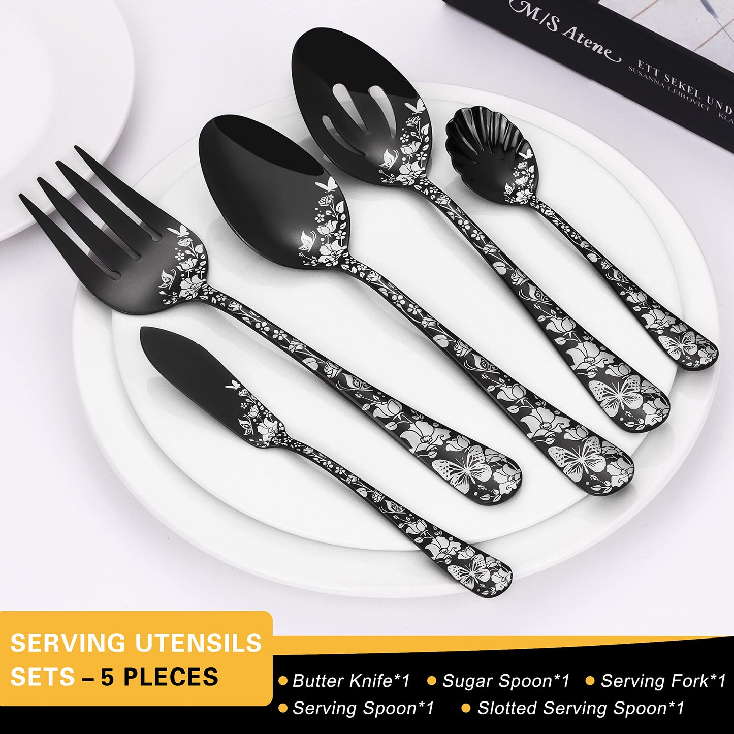 53-Piece Black Silverware Set with Serving Utensils, Stapava Flatware Set for 8, Stainless Steel Cutlery Tableware, Fork Spoon Knife Set, Butterfly Flower Design, Mirror Polish, Dishwasher Safe
