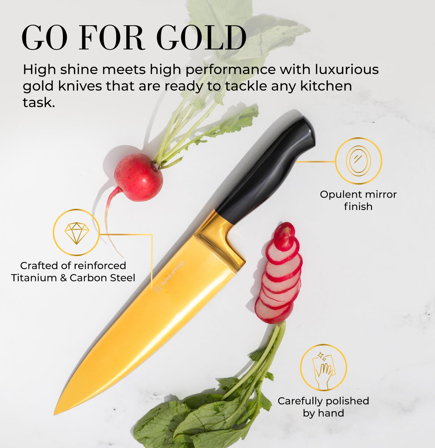 Black and Gold Knife Set with Block and Sharpener – 14-Piece Full Tang Golden Knives with Self-Sharpening Knife Block – Gold Kitchen Accessories for Cooking and Prepping; Ideal for Gifting