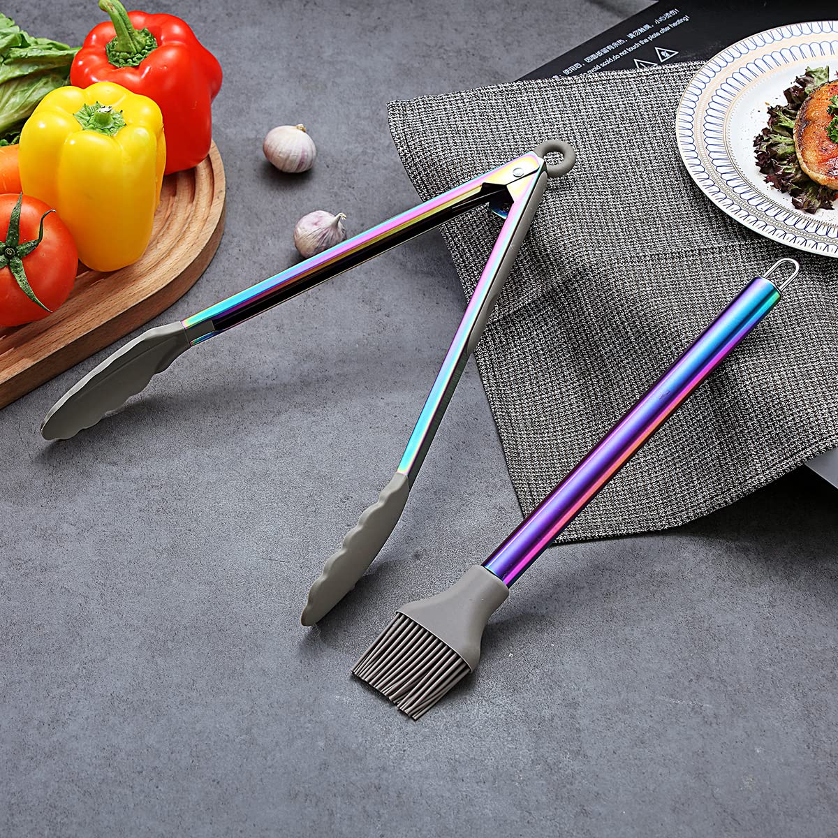 Rainbow 38-Piece Silicone Kitchen Cooking Utensils Set with Utensil Crocks, Silicone Head and Stainless Steel Handle Cookware, Kitchen Tools for Utensil Set, Non-Stick Kitchen Gadgets, Dishwasher Safe (Rainbow)