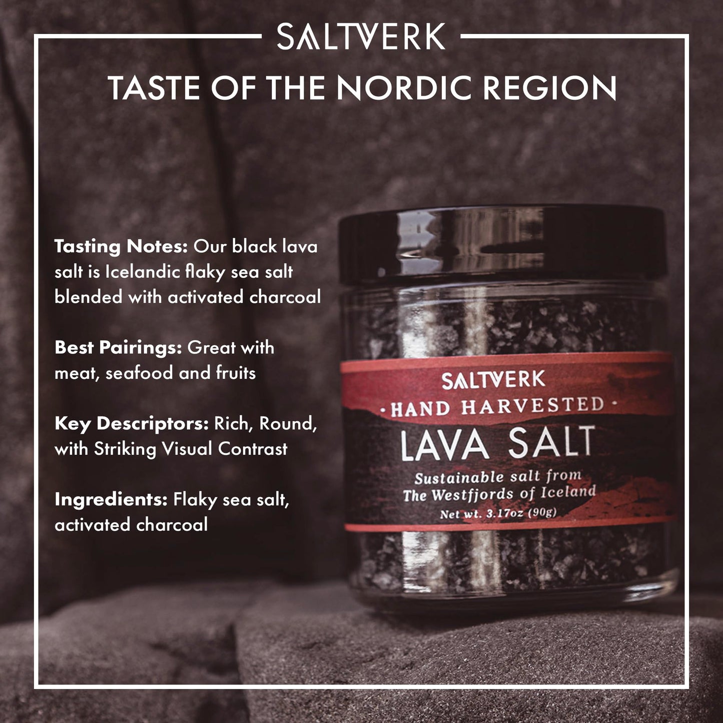 Saltverk Lava Sea Salt - 3.17 Ounces Jar - Hand Harvested Gourmet - Sustainably Made