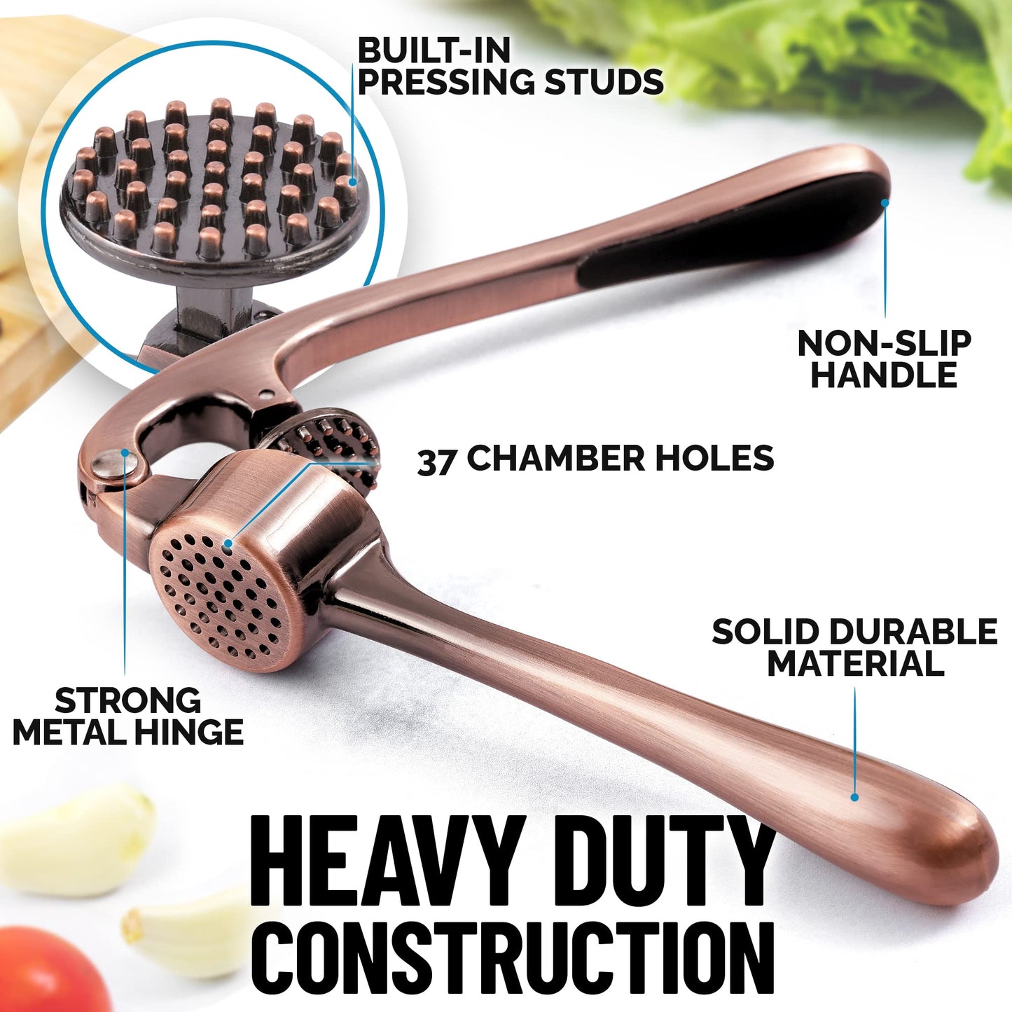 Zulay Kitchen Premium Garlic Press Set - Rust Proof and Dishwasher Safe Professional Garlic Mincer Tool - Easy-Squeeze, Easy-Clean with Soft, Ergonomic Handle - Silicone Garlic Peeler and Brush (Copper)