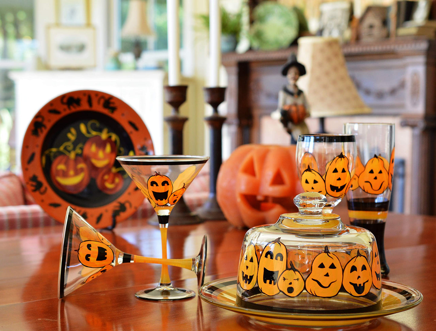 Golden Hill Studio Hand Painted Martini Glasses Set of 2 - Pumpkin Family Collection - Hand Painted Glassware by USA Artists - Unique and Decorative Martini Glasses, Kitchen Table Décor