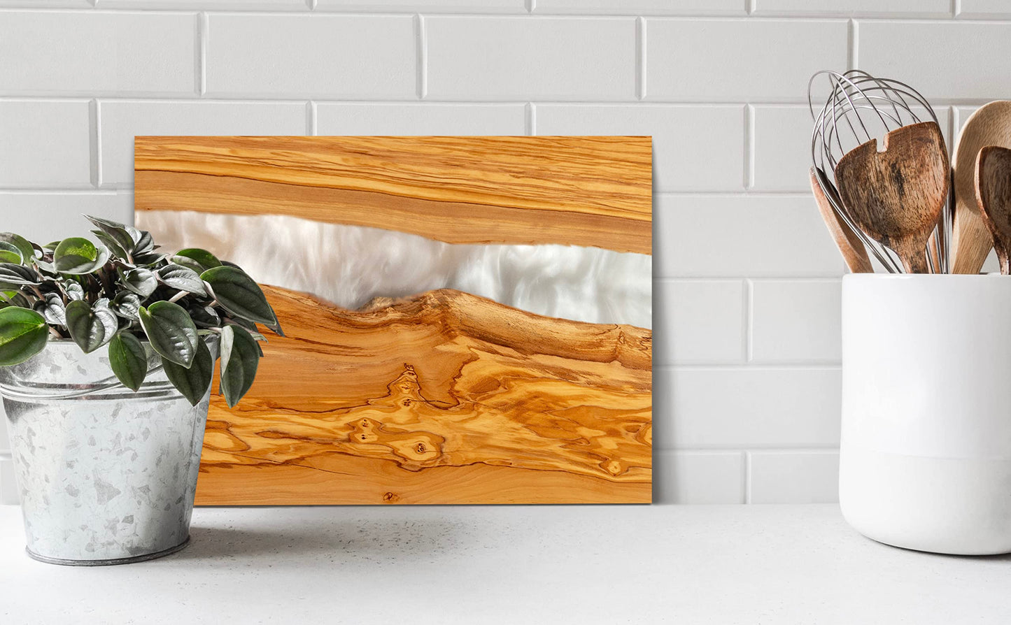 Handcrafted Italian Olive Wood Cheese and Charcuterie Board Set with Unique White Pearl Resin Artwork - Cutting Board Comes with 4 Cheese Knives, 2 Dipping Bowls & Corkscrew Wine Opener (White Pearl)